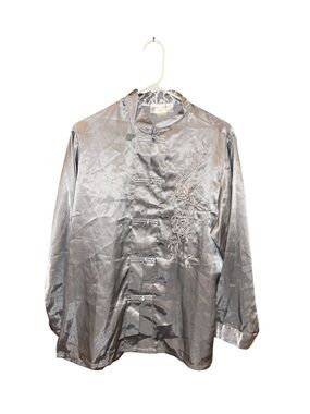 Victoria's Secret silver satin-finish Asian-style top Embroidered Detail M